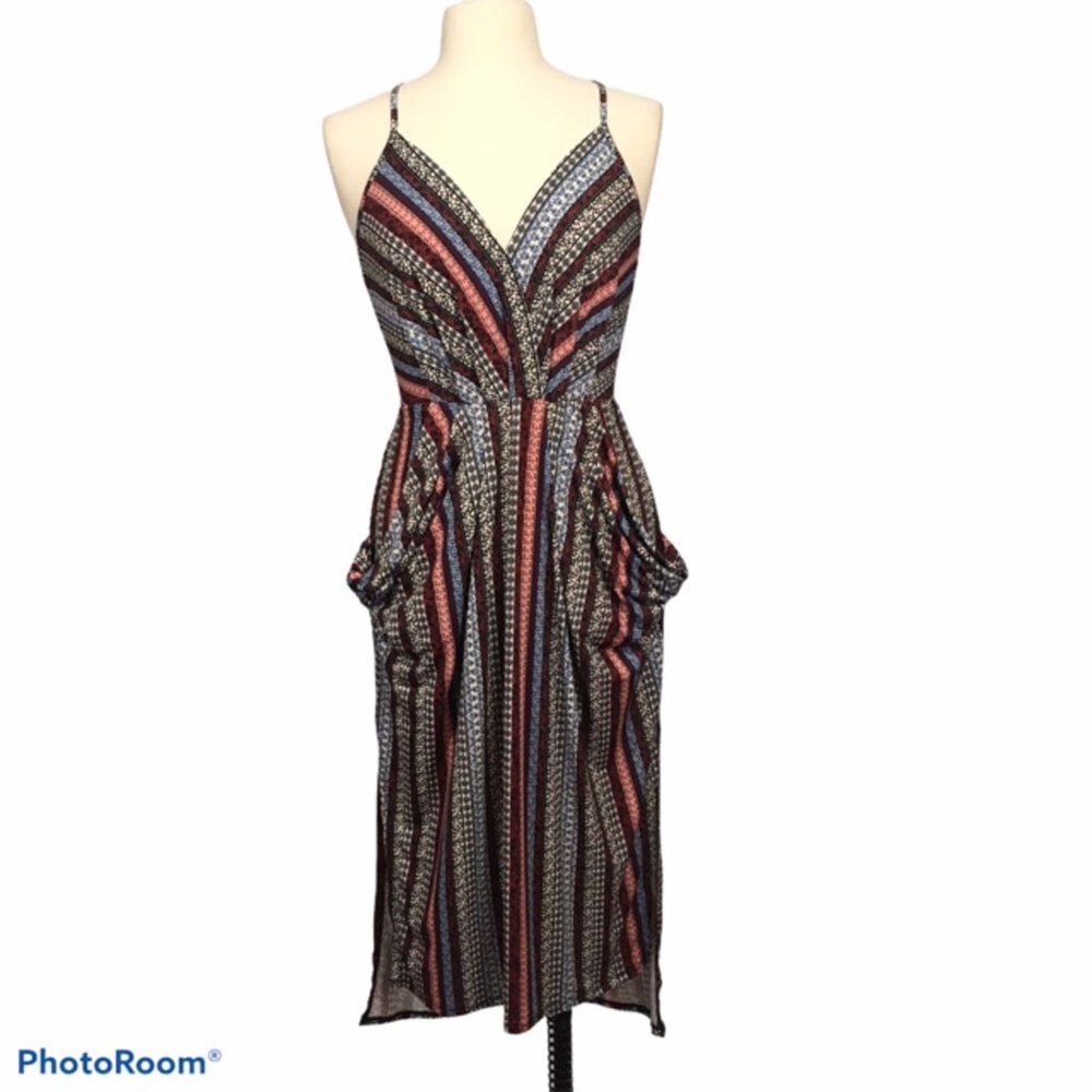 BCBGeneration Blue Brown Striped Drape‎ Dress, S
